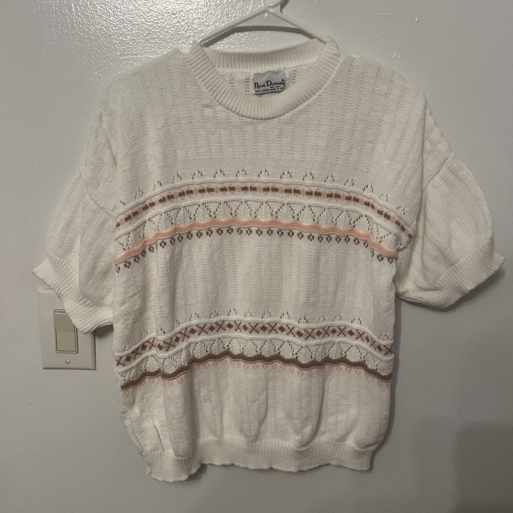 Vintage Nan Dorsey Knit 100% Cotton USA Made Sweater White Pattern Women Medium